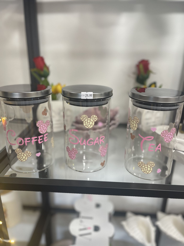 Set of 3 1 Litre Tea coffee sugar containers with airtight silver lids