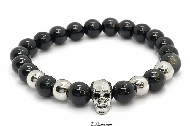 Bracelet « Tête de mort » Obsidienne Céleste dorée