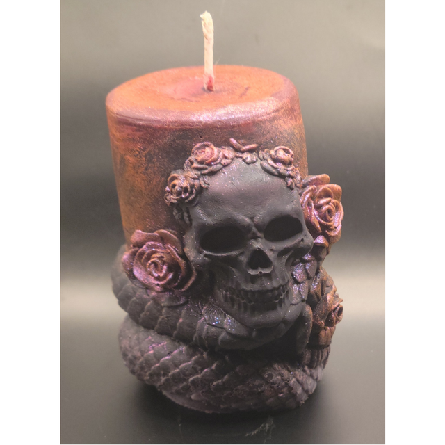 Bougie tête de mort et serpent parfumée Rose et Gris