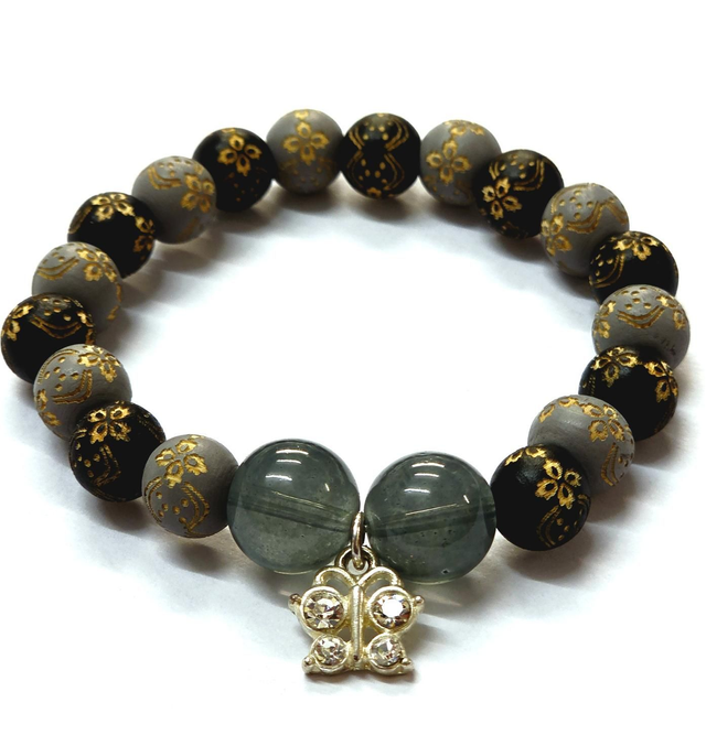 Etched Wood and Glass Bead Bracelet on Stretch Nylon Thread 