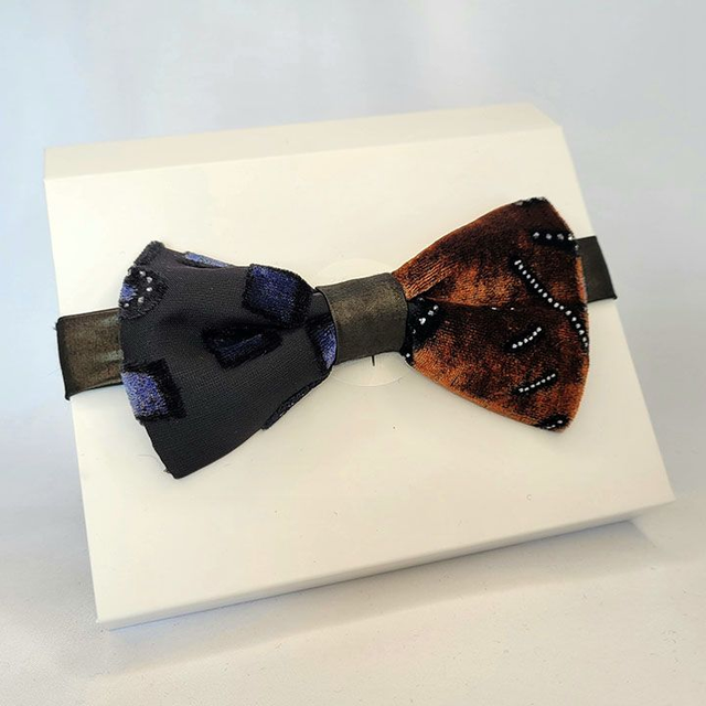 Noeud papillon reglable - Velours Dévoré Bleu et Marron - Pièce Unique  (2)