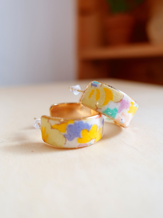 Plaqué or 18k & acier inoxydable / Papier japonais washi / Jaune, or / Bijou japonais / Boucles d'oreilles /