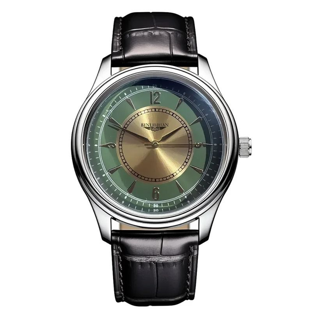 Montre pour hommes, fond vert bracelet en cuir noir