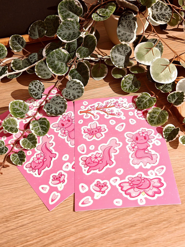 Cherry Blossom Axolotl - Sticker Sheet