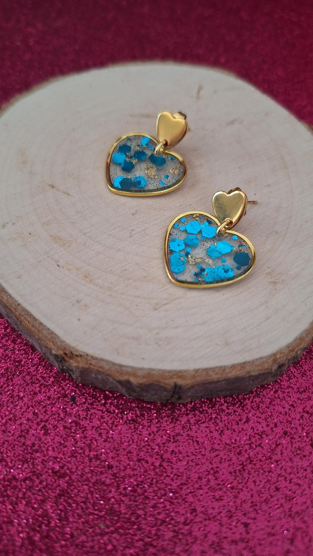 BO double cœurs dorés paillettes bleues