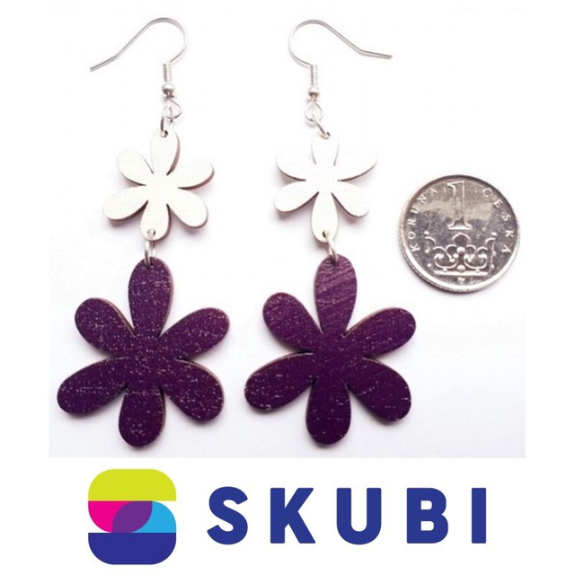 Dřevěné náušnice - Kytky - fialová a bílá (5 cm)