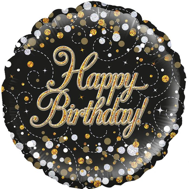 18" ROUND SPARKLING FIZZ BIRTHDAY BLACK &amp; GOLD HOLOGRAPHIC FOIL