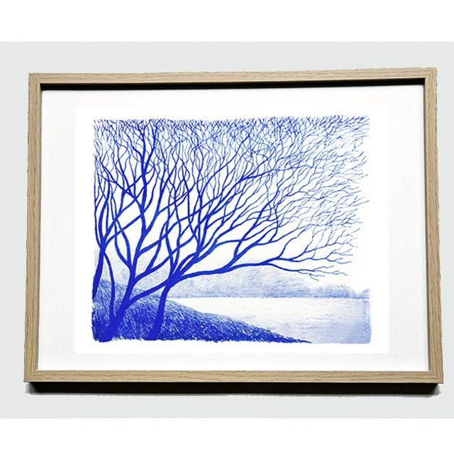 Lithographie "Arbres et lac"