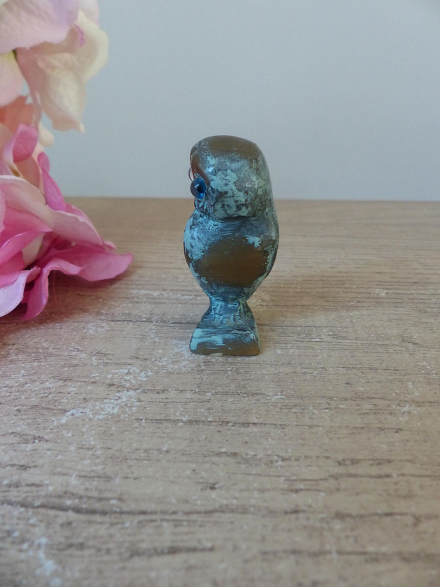 Figurine chouette hibou en laiton fait en Grèce, Sculpture Chouette d'Athéna en laitonné bleu, Collection oiseaux petits animaux en laiton