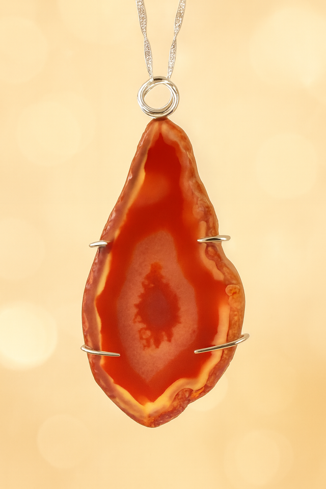 Winter Flame: Silver &amp; Red Agate Slice Pendant