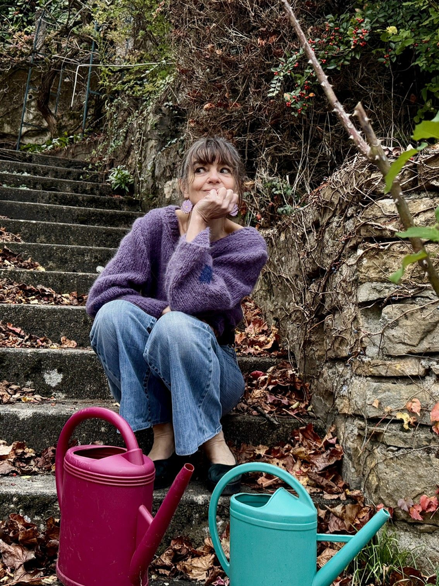 Pull mohair mauve et bleu