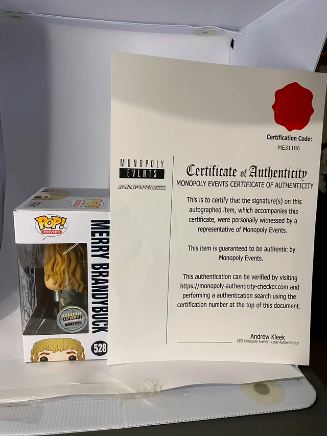 Funko Merry 528 LOTR firmado Dominic Monaghan COA