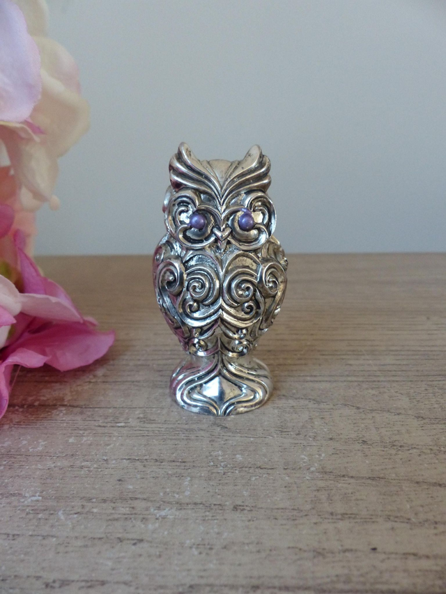 Rare figurine vintage hibou en métal couleur argent, figurine miniature hibou Franklin Mint The Collectors Treasury of Owls