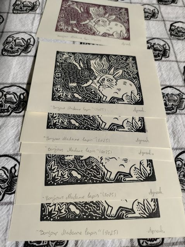 Linogravure/tampon Bonjour Madame lapin" lapins sauvage format 10X14.5 cm