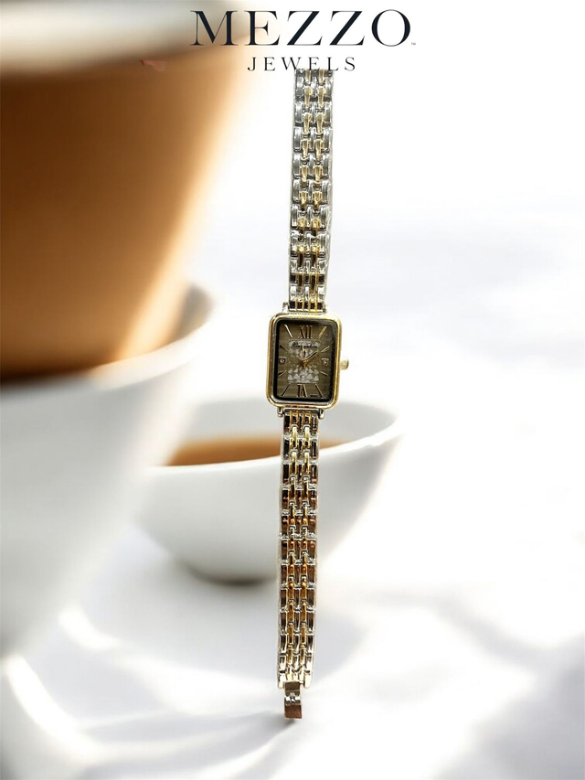 ~Le Glamour~ Γυναικείο Δίχρωμο Ρολόι Τετράγωνο Λευκό Καντράν 