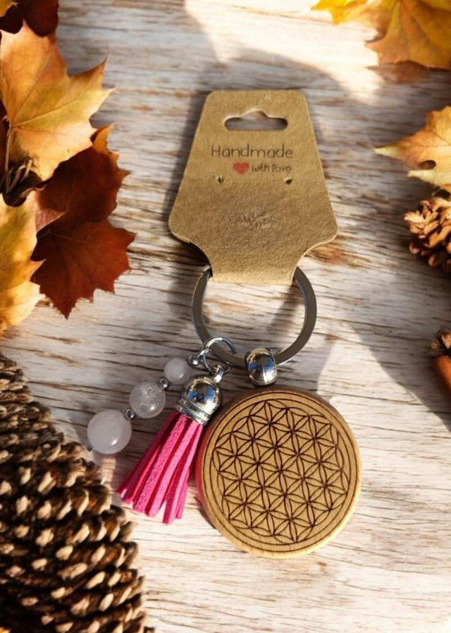 Porte-clé Bois et Quartz rose 