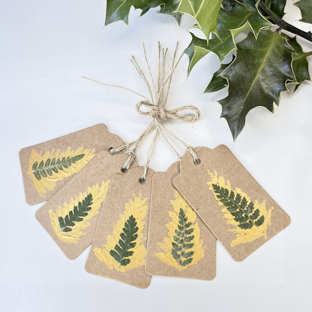 Handmade Christmas Tags Gold Pressed Fern  Pack of 5