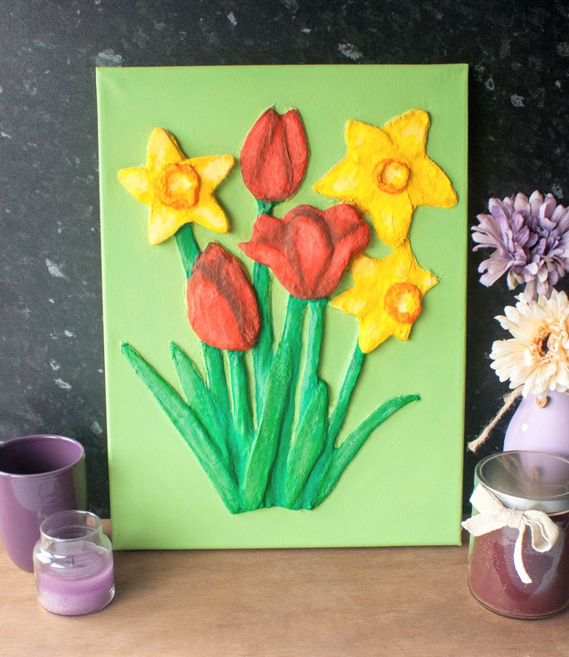 'Daffodils and Tulips'  Original 3D Acrylic Painting by Artist Purple Faye