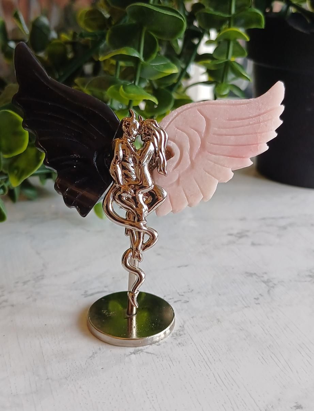 Pink Opal & Agate Angel and Demon Lover Wings on Stand
