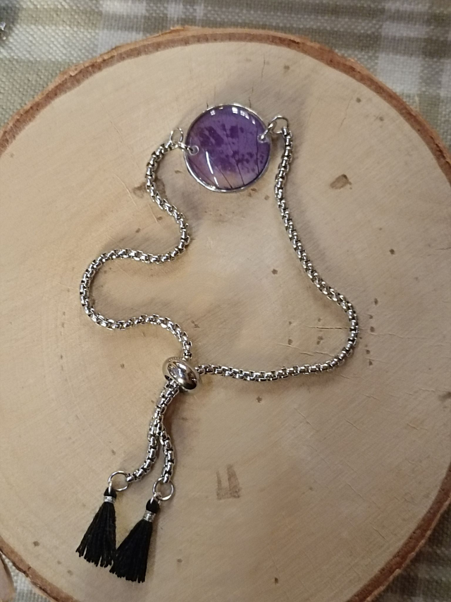 Bracelet Pompons Noirs - Pétale Violet - Argent