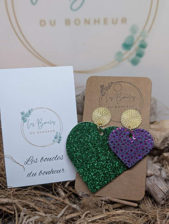 Boucles d&#039;oreilles Asymétrique vert paillettes violet st048