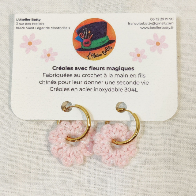 Créoles dorées pampillettes roses paillettes