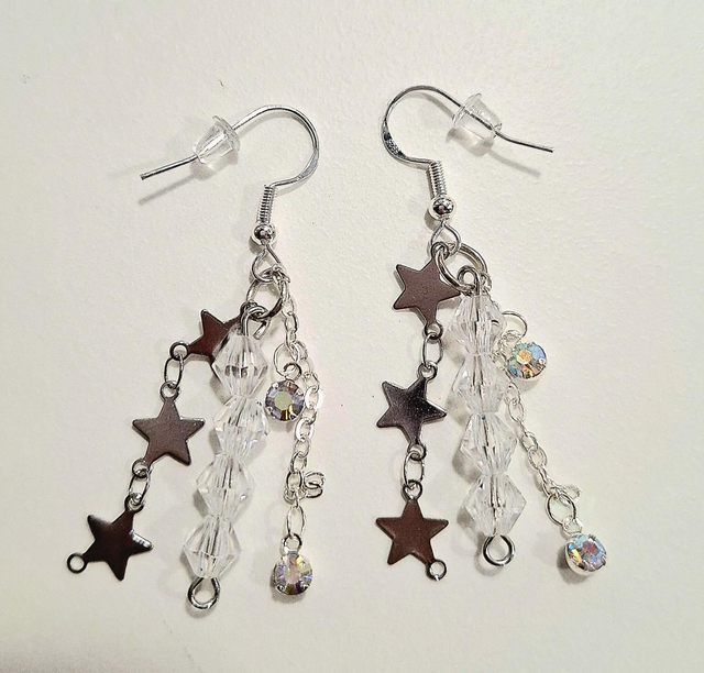 Silver plated drop earrings with star, bead and diamanté charms
