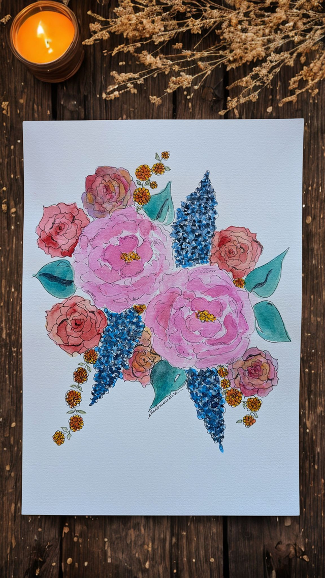 Pivoines et Roses - Aquarelle originale A4
