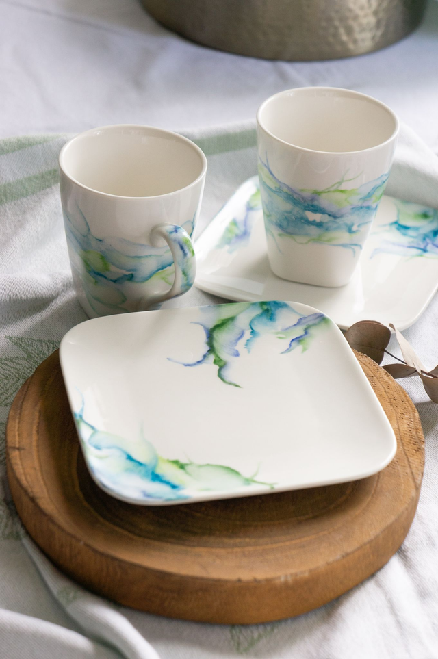 Service à Thé en porcelaine effet marbré en bleu et vert turquoise, idée cadeau de mariage et amateurs de thé