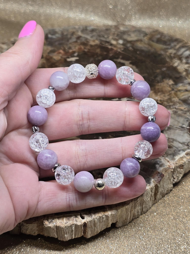 Bracelet Lépidolite et Cristal de roche en 1cm