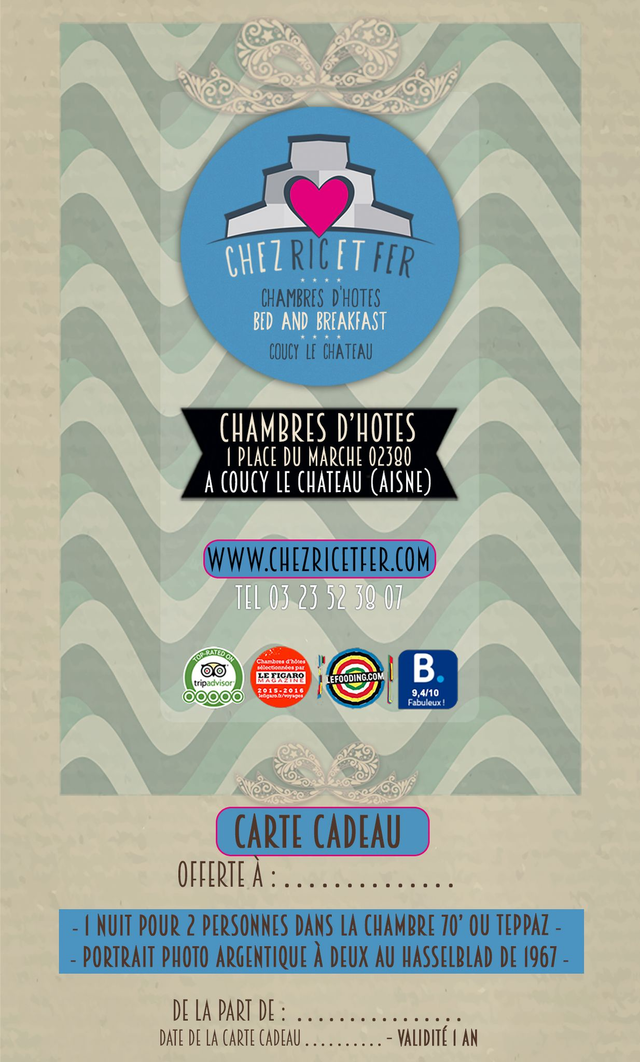 Carte Cadeau 1 nuit pour 2 personnes dans la Chambre 70' ou Teppaz  + 1 portrait Photo argentique à deux au Hasselblad de 1967