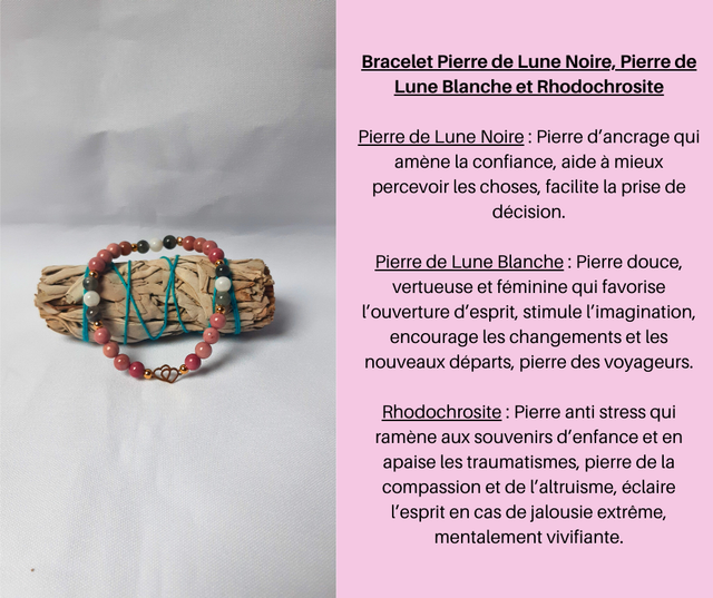 109- Bracelet Pierre de Lune Noire- Pierre de Lune Blanche et Rhodochrosite