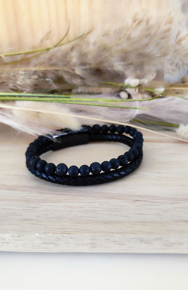Bracelet Cuir noir "Protection" Pierre de lave et Shungite