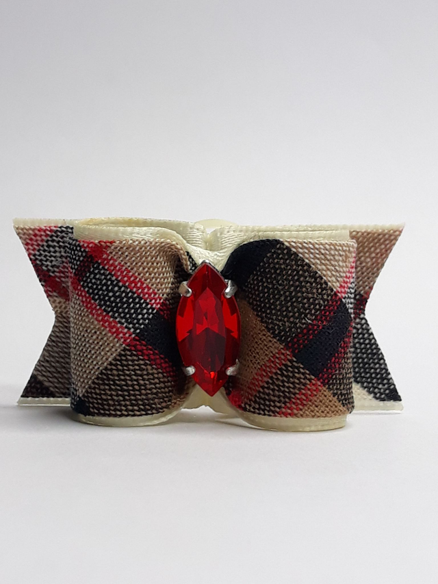 Noeud fantaisie pour chien-tartan-strass rouge