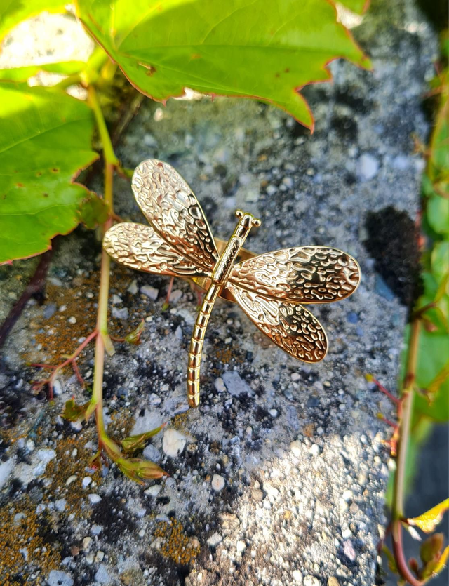 Bague réglable "Libellule" en acier inoxydable doré 