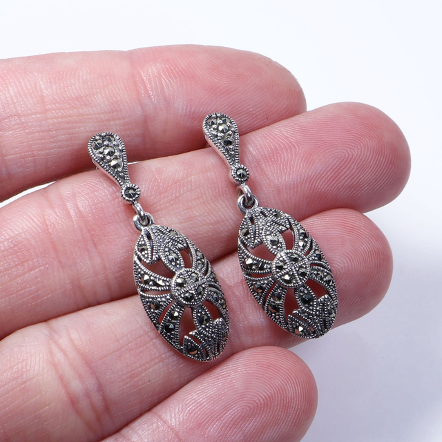 Pair of Elegant Sterling Silver 925 Art Deco Style Marcasite Gemstone Ornate Oval Shield Design Drop Dangle Earrings