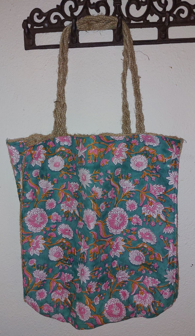 Sac en jute et coton imprimé à la main façon blockprint, tote bag, confectionné en Inde