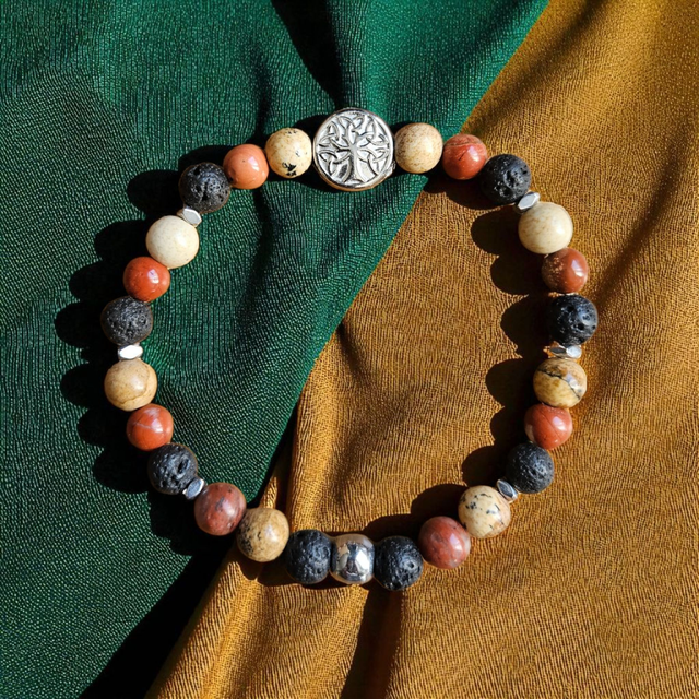 Bracelet Femme "Force &amp; Courage" : Pierre de Lave, Jaspe Paysage &amp; Jaspe Rouge