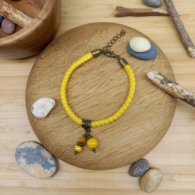 Parure jaune et bronze - Bracelet crocheté jaune