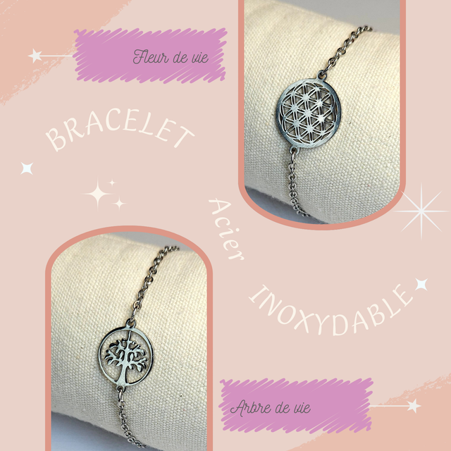 Bracelet en acier inoxydable - Arbre &amp; Fleur de vie
