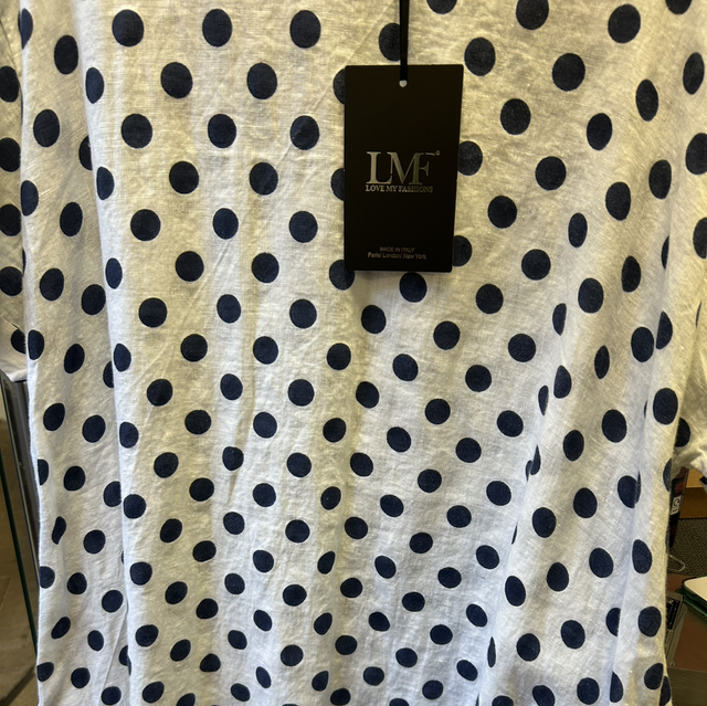 LMF - White Linen Dress with Blue Spots and Buttons to Side - Free Size - 1942