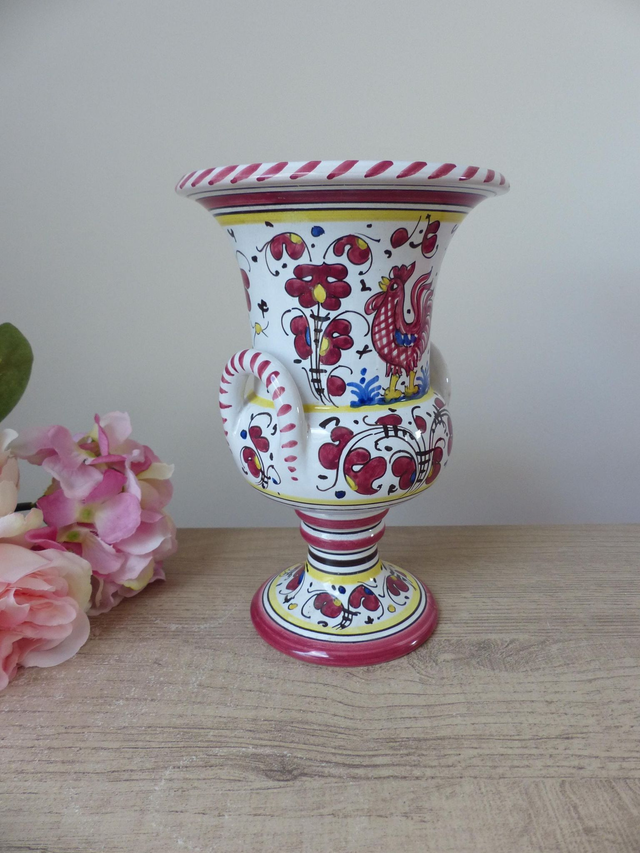 Vase en Céramique Coloré d’Italie Deruta l'Antica : Amphore aux Motifs de Fleurs et de Coq Rouge Peint Main Idéal Cadeau Décoration Maison