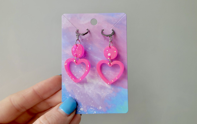 Earrings | Pink Glitter Hearts | Stainless Steel Hoops