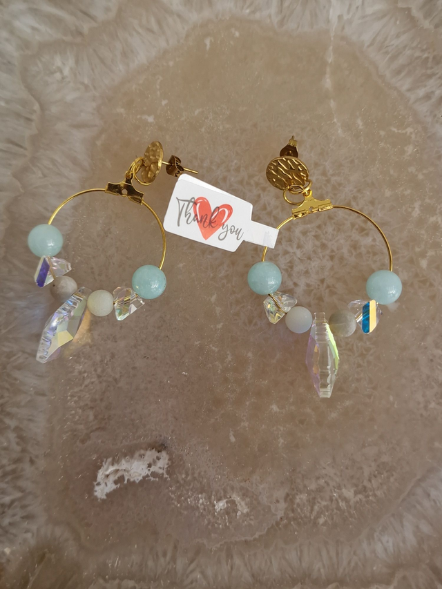 Boucles D'oreilles Acier Créoles Pierres Amazonite Bleu Cristal