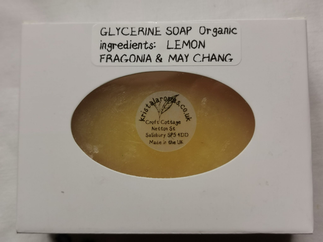 Glycerine Soap(organic ingredients) with organic Lemon, Fragonia &amp; May Chang    80 gm approx