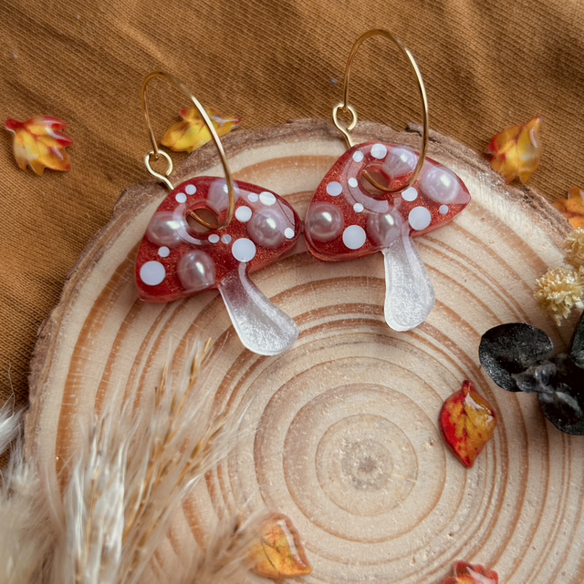 Mushroom Hoop Earrings Fly Agaric Gold Plated