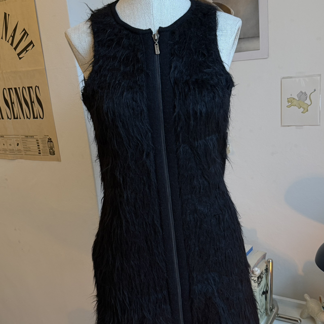 KUNA Black fluffy alpaca mini dress with zip vintage 90s 