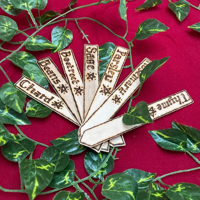 Hand-pyrographed "Witches' Garden" Plant Tags