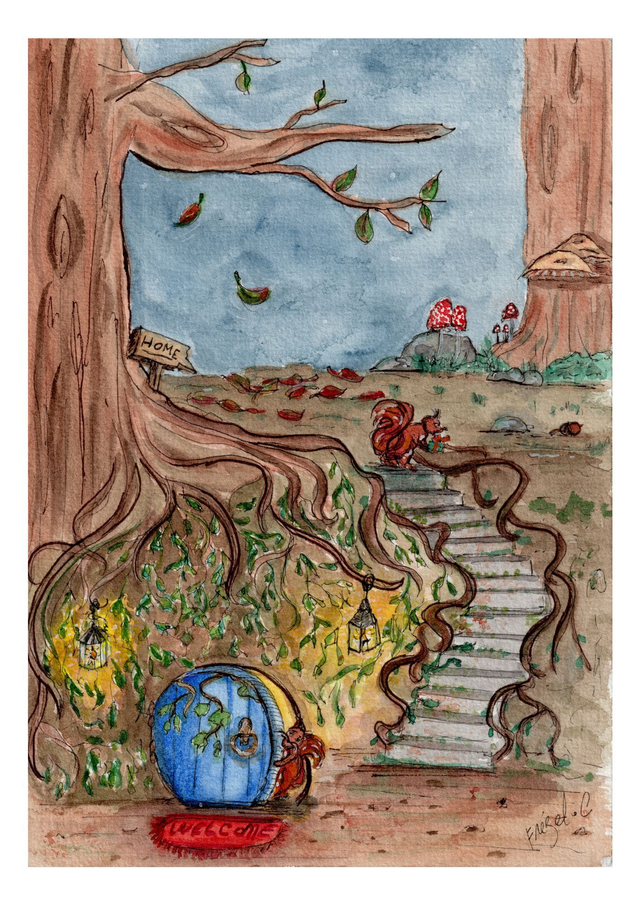 Invitation sous le grand arbre - Aquarelle originale 