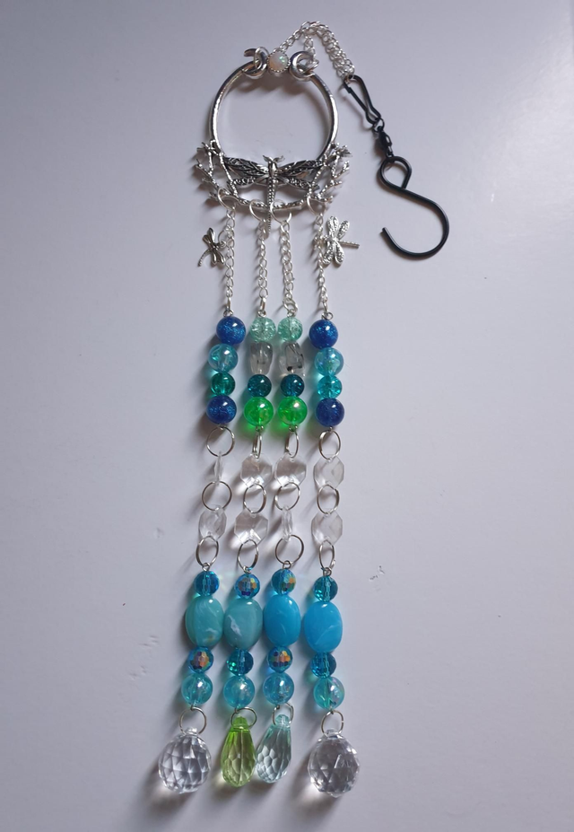 Suncatcher - Dragonfly 4 Strand Blue Green Beads with charms
